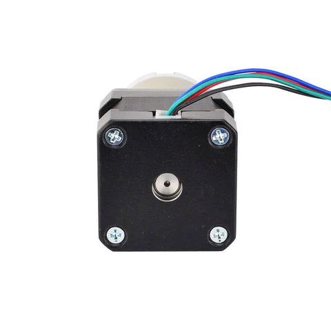Front view of 27:1 Planetary Gearbox Nema 17 Stepper Motor for DIY CNC Hobby Camera Robotics with visible wires and mounting screws.