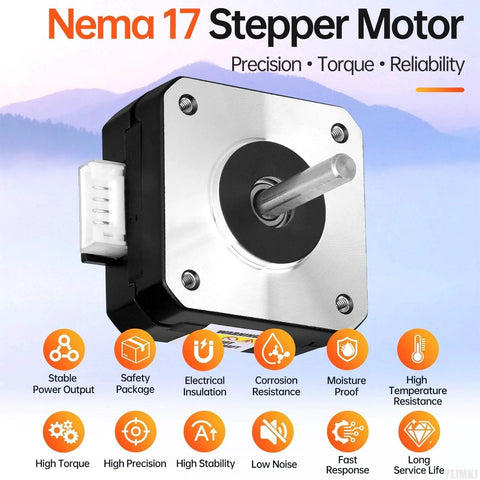 Nema 17 Stepper Motor 1.8° 2 Phase High Torque 0.13Nm Bipolar 42x21mm shown with precision and reliability icons.