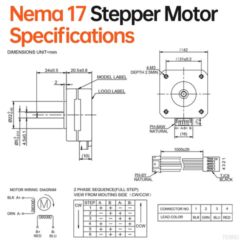Technical diagram of 10Pack Nema 17 Stepper Motor 1.8° 2 Phase High Torque 0.13Nm(18.41oz·in) Bipolar 42x21mm dimensions.