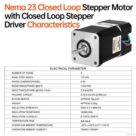 Nema 23 closed loop stepper motor with driver, technical specifications, front view.