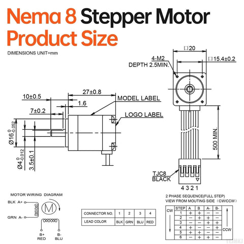 Technical diagram of Nema 8 Stepper Motor 1.8° 2 Phase High Torque 1.6Ncm Bipolar 20x27mm 0.4A 13Ω 4-Wire for CNC use.