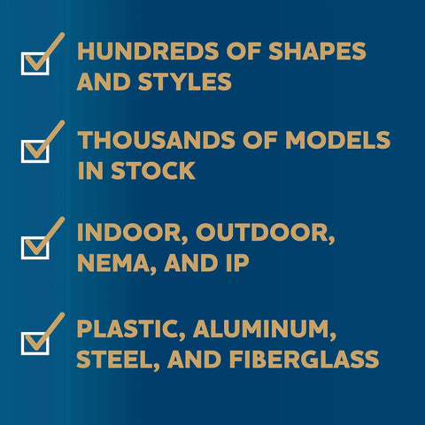 Checklist highlighting shapes, models, NEMA, IP ratings, and materials like plastic, aluminum, steel, fiberglass for enclosures.