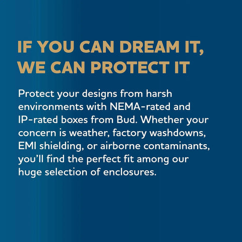 Text on blue background promoting NEMA and IP-rated enclosures for environmental protection by Bud.