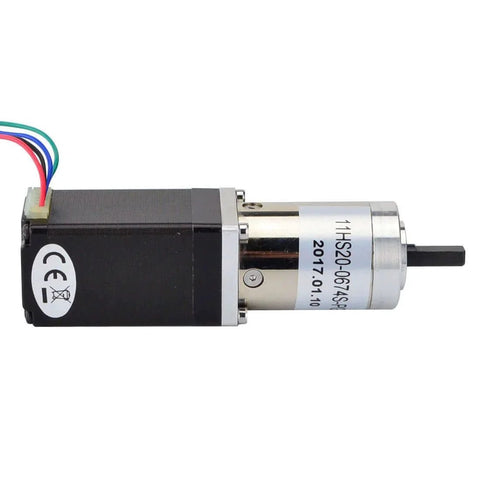 Side view of 100:1 Planetary Gearbox Nema 11 Stepper Motor Low Speed High Torque DIY Camera with visible wires and label.
