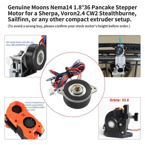 Nema 14 36mm Pancake Stepper Motor with 8 Tooth Gear shown with extension cable and various extruder setups for 3D printers.