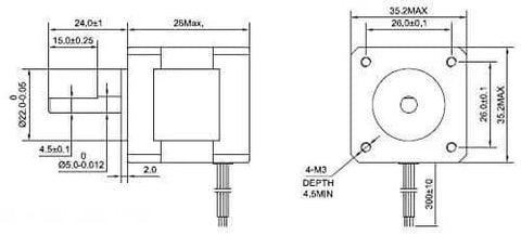 Technical diagram of Nema 14 Stepper Motor 0.9deg(400 Steps/rev) 0.4A 11Ncm/15.6oz.in Bipolar 4-Wires with dimensions.
