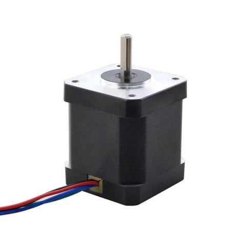 Front view of Nema 17 Bipolar Stepper 0.9deg(400 Steps/rev) 1.68A 44Ncm(62.3oz.in) Motor, showing wiring and shaft.