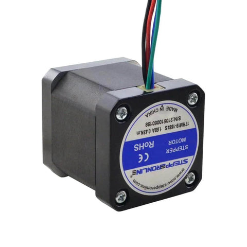 Side view of Nema 17 Bipolar Stepper 0.9deg(400 Steps/rev) 1.68A 44Ncm(62.3oz.in) Motor with visible wires and mounting plate.
