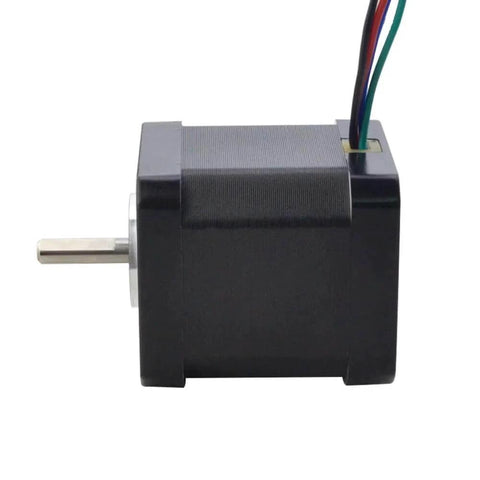 Side view of Nema 17 Bipolar Stepper 0.9deg(400 Steps/rev) 1.68A 44Ncm(62.3oz.in) Motor with wires and shaft.