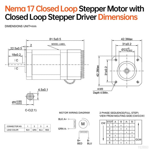 Technical diagram of Nema 17 Closed Loop Stepper Motor with Integrated Closed Loop Stepper Driver, showing dimensions and wiring.