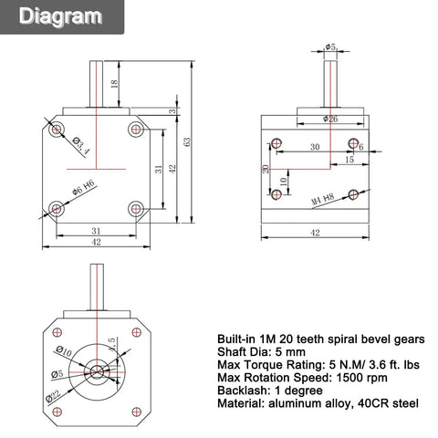 Diagram of Right Angle Gearbox for Nema 17 Stepper Motor 90 Degree Spiral Bevel Gear detailing dimensions and specifications