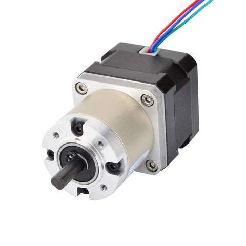 Front view of 27:1 Planetary Gearbox Nema 17 Stepper Motor DIY CNC Hobby Camera Robotics, showing metal casing and wiring.