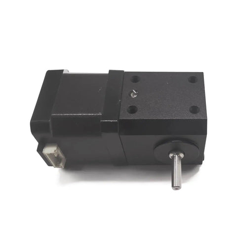 Right Angle Gearbox for Nema 17 Stepper Motor 90 Degree Spiral Bevel Gear, compact 1:1 design, black housing, side view.