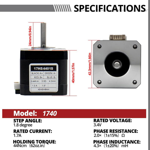 1PC Nema 17 Stepper Motor, 42-40mm body, 1.7A 44Ncm(62oz.in) high torque, bipolar 4-lead, side and top view with specifications