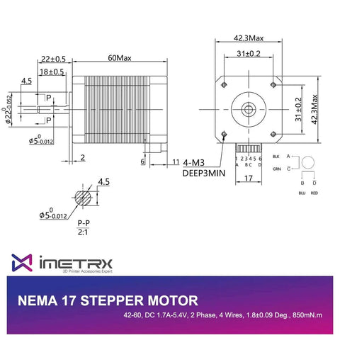 Technical diagram of Nema 17 Stepper Motor 42x60mm 2.1A 2 Phase 4 Wires 1.8 Degrees with 1Meter Cable dimensions and specs