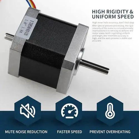 Nema 17 Stepper Motor 78 Oz In 1.8A Dual Shaft For 3D Printer Router 17HS8401B close-up showing dual shafts and steel casing
