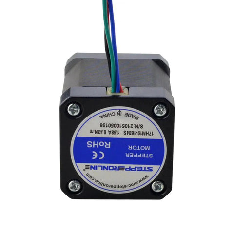 Top view of a Nema 17 Bipolar Stepper 0.9deg(400 Steps/rev) 1.68A 44Ncm(62.3oz.in) Motor with wiring and specifications label.