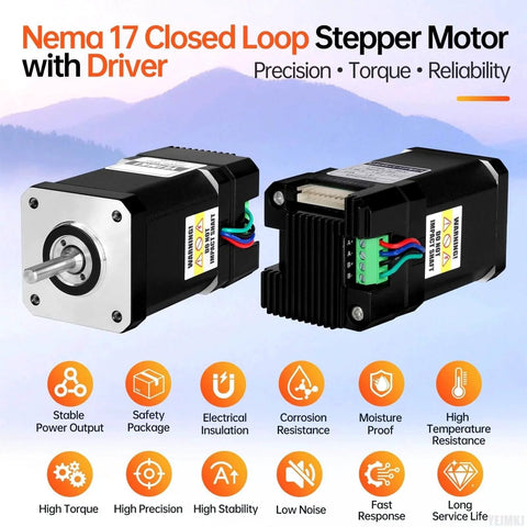 Nema 17 Closed Loop Stepper Motor with Integrated Closed Loop Stepper Driver 1.8° 2 Phase 0.7Nm(99.13oz·in) displayed front and rear
