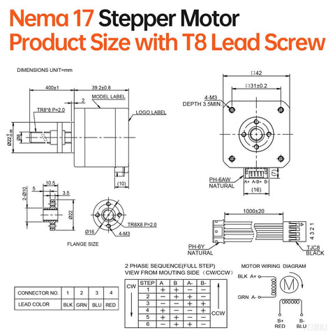 3 Pack Nema 17 Stepper Motor TR8x8 400mm with T8 Lead Screw diagram.