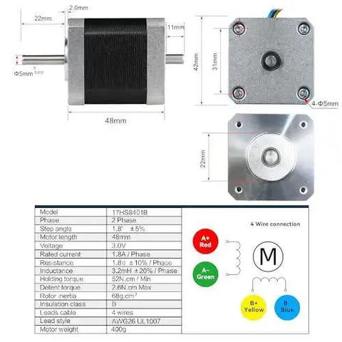 Nema 17 Stepper Motor 78 Oz In 1.8A Dual Shaft For 3D Printer Router 17HS8401B dimensions and specifications