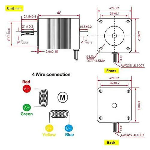 Diagram of Nema 17 Stepper Motor 78 Oz In 1.8A Dual Shaft For 3D Printer Router 17HS8401B, showing dimensions and wire connections.
