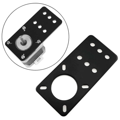 Nema 17 Stepper Motor Mount Flat Bracket Black Aluminum Alloy Mounting Plate for CNC 3D Printer, showing front and installed view