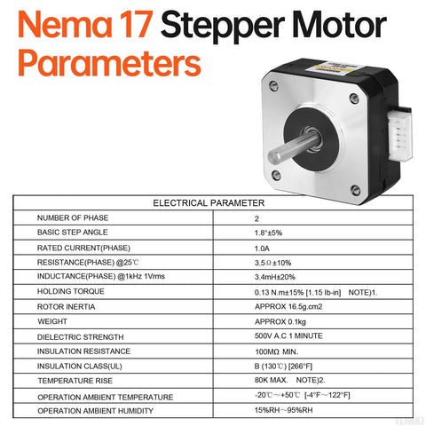 Diagram and specifications of a 10Pack Nema 17 Stepper Motor 1.8‌°‌ 2 Phase High Torque 0.13Nm(18.41oz·in) Bipolar 42x21mm.