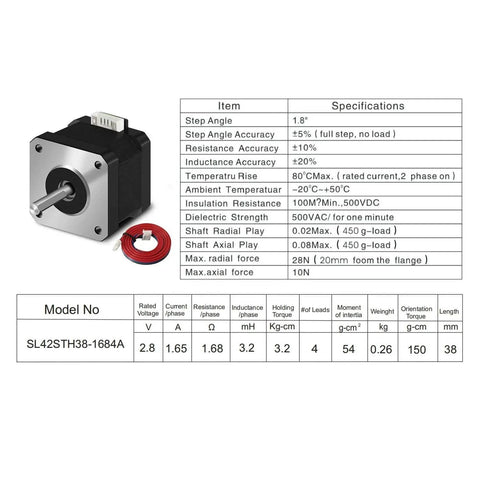 3pcs of Pack Nema 17 Stepper Motor, 17HS4401 with specification chart and 1.5A 59.5oz.in torque, 42x42x38mm size, 4-wire cable