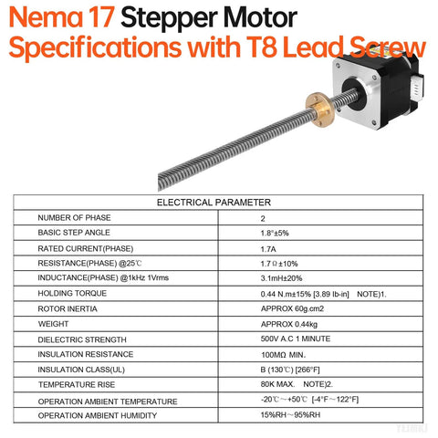 Nema 17 Stepper Motor with T8 Lead Screw, table of specifications including torque, current, and dimensions for 3D printers and CNC use