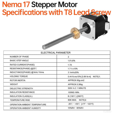 3 Pack Nema 17 Stepper Motor TR8x8 200mm with T8 Lead Screw 2 Phase 1.8° High Torque 0.44Nm specifications table and image