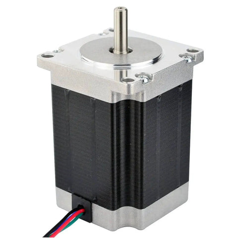 Front view of Nema 23 Bipolar Stepper Motor 6.35mm Shaft 1.9Nm 269 Oz In 2.8A 1.8 Deg 4 Wire with visible shaft and wires