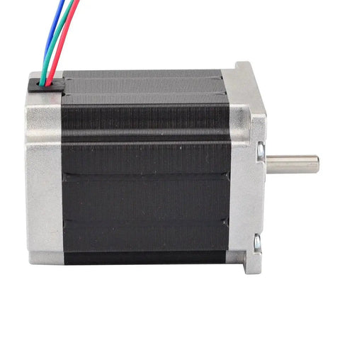 Side view of Nema 23 Bipolar Stepper Motor 6.35mm Shaft 1.9Nm 269 Oz In 2.8A 1.8 Deg 4 Wire with visible wiring