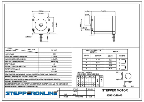 Technical diagram of Nema 23 Bipolar Stepper Motor 6.35mm Shaft 1.9Nm 269 Oz In 2.8A 1.8 Deg 4 Wire with specifications and dimensions