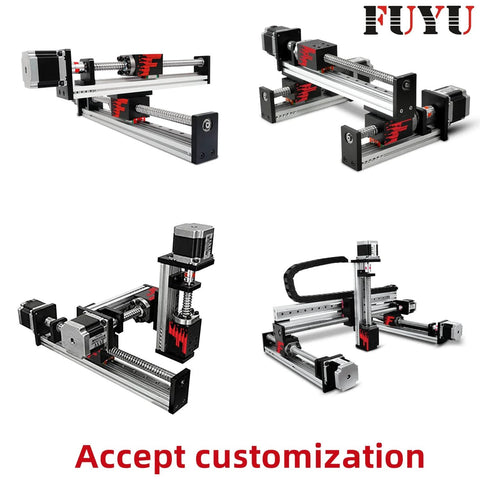 Assorted views of 100mm Stroke Work Size Linear Guide Table Ball Screw Motion CNC Linear Guide Stage Actuator Motorized Nema 23 Stepper Motor.