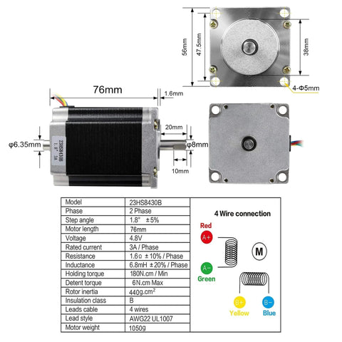 Nema23 Stepper Motor 76mm Dual Shaft 3A 270oz-in 4 Lead Wire for CNC Router Engraving Milling/3D Printer with dimensions and wiring diagram