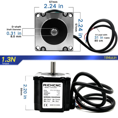 Nema 23 CNC Stepper Motor 184oz.in/1.3Nm Bipolar 3.0A CNC Mill Lathe Router 57x57x56mm with 80cm cable, front view