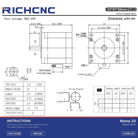 Technical diagram of Nema 23 CNC Stepper Motor 184oz.in/1.3Nm Bipolar 3.0A CNC Mill Lathe Router 57x57x56mm