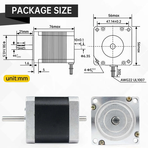 Nema23 Stepper Motor,270 oz.in,76mm,1.8 deg,3A,with 4 Lead Wires for 3D Printer shown with technical dimensions