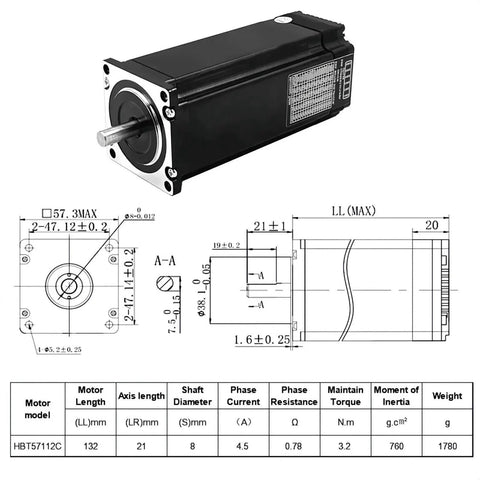 Technical diagram and specifications of Nema 23 Stepper Motor Integrated Servo Step Motors with Encoder Driver System