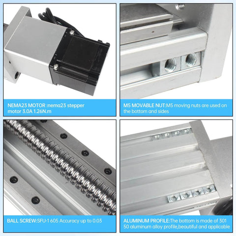 Close-up of 100mm stroke CNC linear stage motion actuator showing NEMA23 motor, SFU1605 ballscrew, aluminum profile, and M5 nuts.