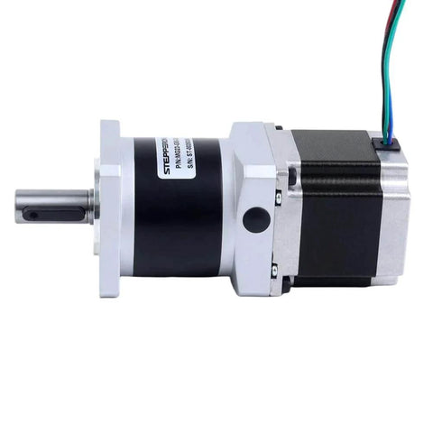 Side view of Nema 23 Stepper Motor Bipolar L=54.5mm w/Gear Ratio 50:1 MG Series Planetary Gearbox showing shaft and wires.