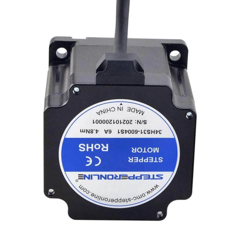 Back view of Nema 34 Stepper Motor 4.8Nm(679.87oz.in) 6.0A 14mm Key-Way Shaft with 1m Cable showing label and wire connector