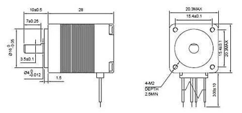 Technical drawing of Nema 8 Bipolar Smallest Stepper Motor 1.6Ncm/2.3oz.in 1.8deg 28mm 0.2A 4 Leads with dimensions.