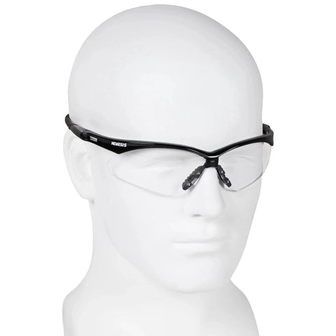 Nemesis Safety Glasses With Black Frame Clear Lenses Anti Fog 12 Pack on mannequin head