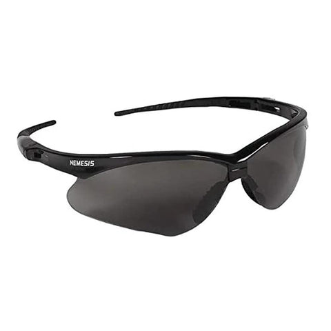Nemesis Safety Glasses With Anti Fog Smoke Lenses for outdoor use, showing lightweight black frame and smoke lenses, side view