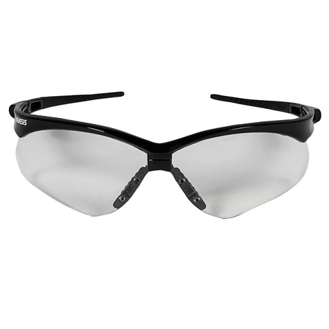 Front view of Nemesis Safety Glasses with black frame and clear lenses. Anti-fog design, ideal for industrial use. Pack of 12.