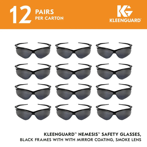 V30 Nemesis Safety Glasses With Mirror Coating Smoke Lenses Black Frame Unisex, 12 pairs displayed, lightweight design
