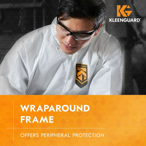 Person wearing V30 Nemesis Safety Glasses Clear Lenses Black Frame Unisex Eyewear, protective clothing with KleenGuard branding.