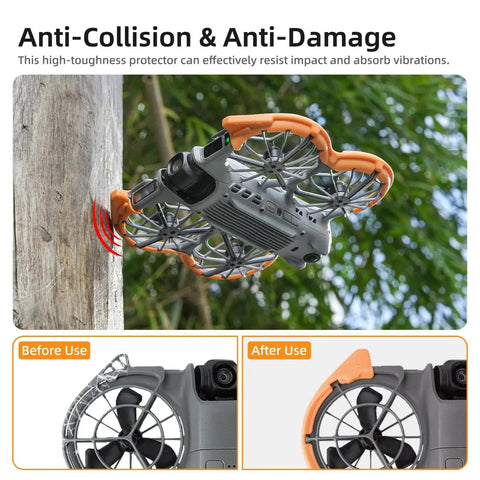 Propeller Guard Protector For DJI Neo 2 Drone Anti Collision Bumper Case Lightweight Shockproof Durable Orange Custom Fit Propeller Shield For Neo 2 Accessories Prevents Collisions And Damage While Flying installed on drone hitting wooden post.