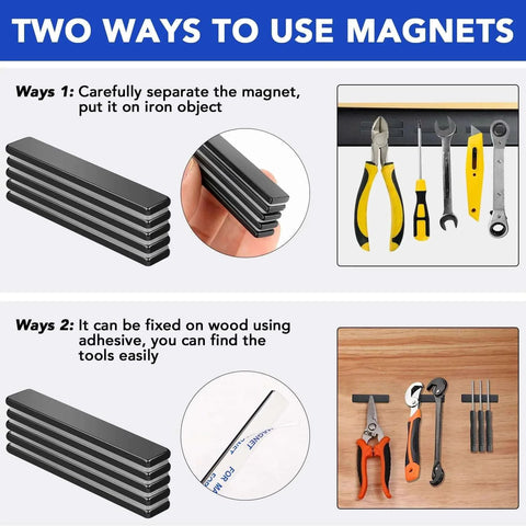 5 Pack Neodymium Bar Magnets 60x10x3 Mm With Adhesive Backing used for organizing tools on metal and wood surfaces.